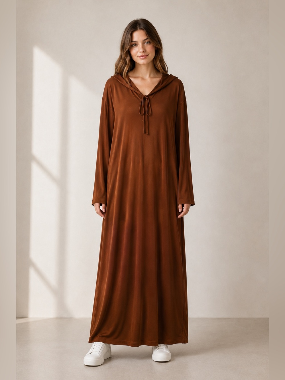 Brown Hooded Maxi Dress Oversized XL–2XL Long Sleeve